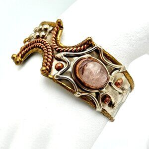 Handcrafted Bronze Copper Zinc Bracelet Genuine Rose Quartz Adjustable